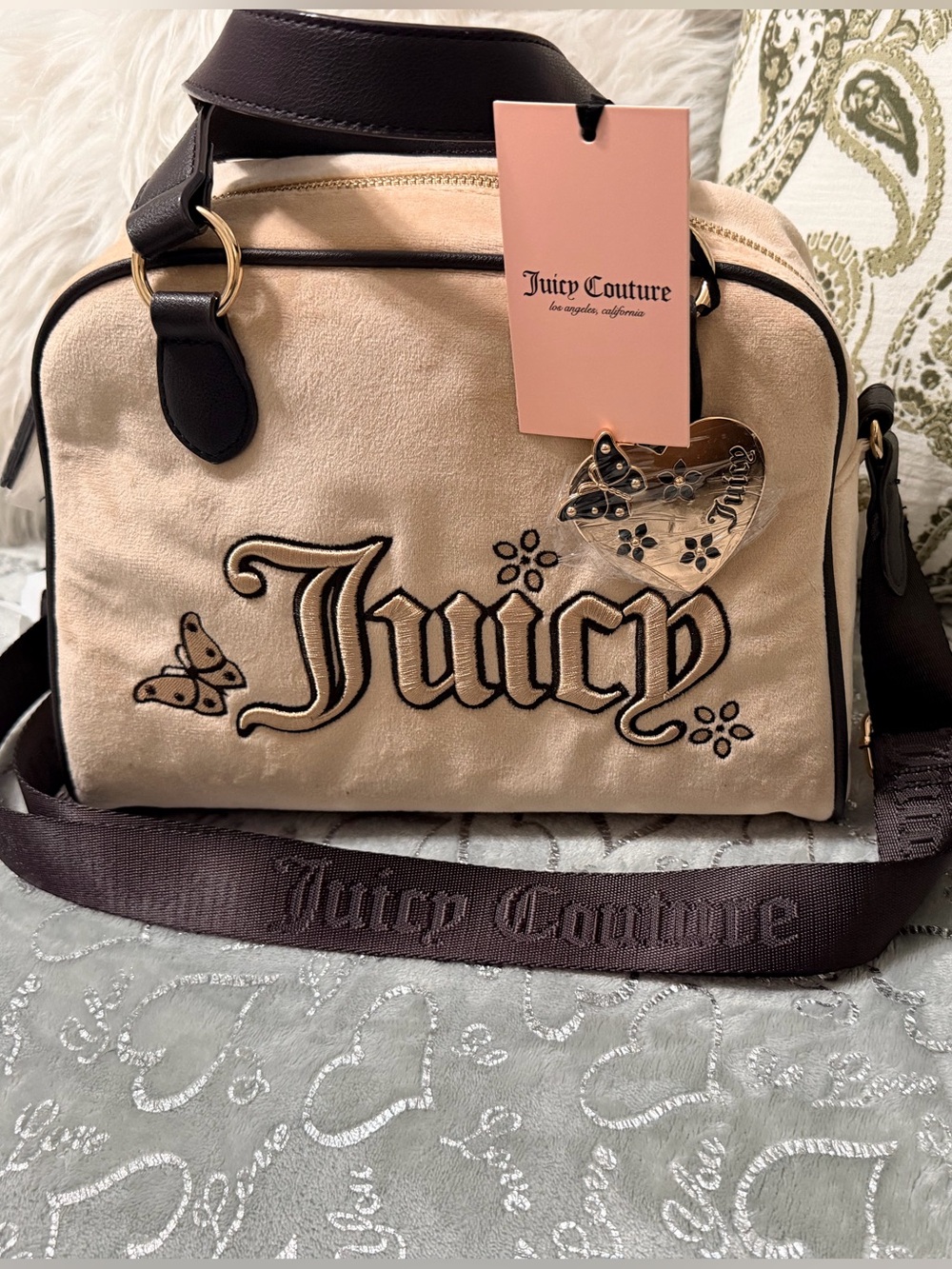 NWT: Juicy Couture Beige Suede Logo Shoulder Bag with Dark Brown Trim w/ Charm - Picture 1 of 5
